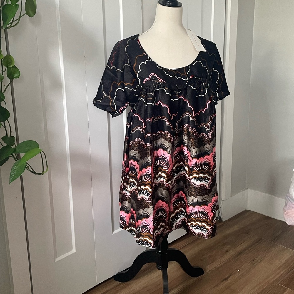 Manoush 💯 silk tunic sz 8 UK 10 black pink brown cloud whimsygoth artsy retro